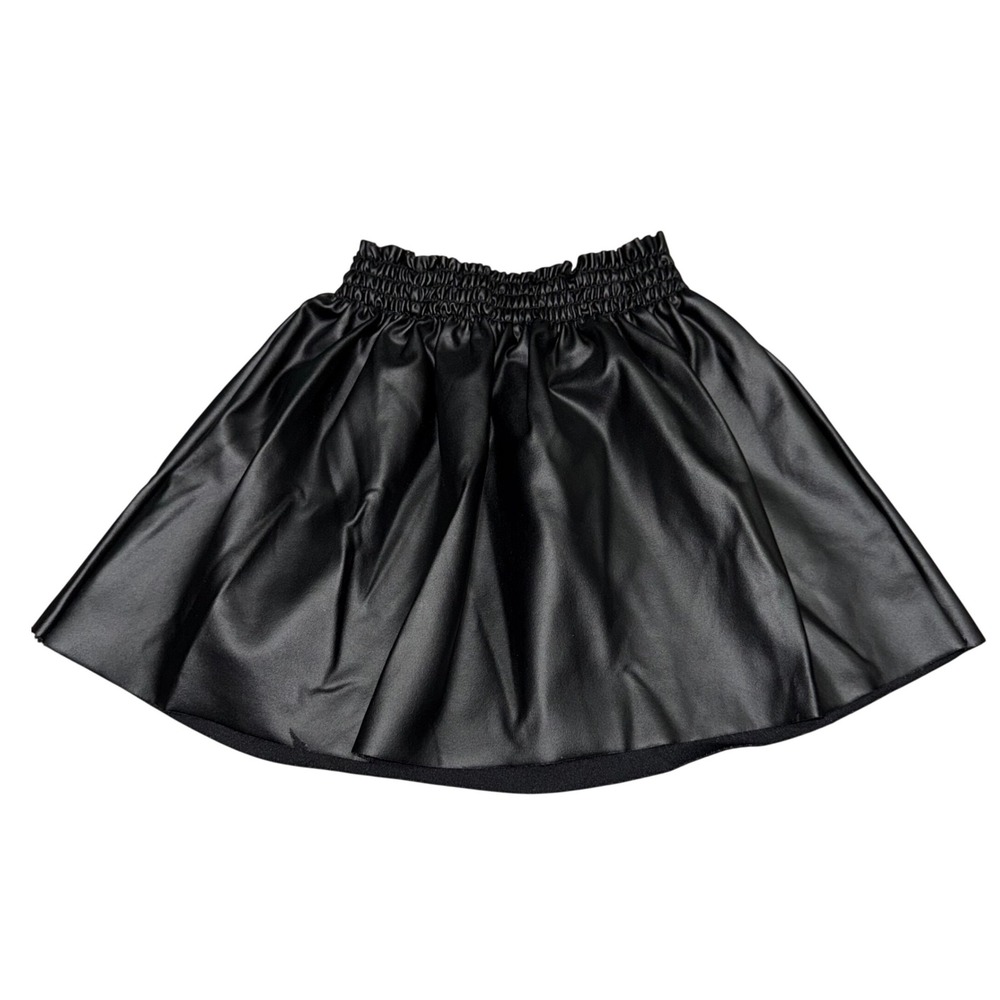 H&M Skirt 2T Black Faux Leather Elastic‎ Waist Skater Edgy Chic Mini Skirt